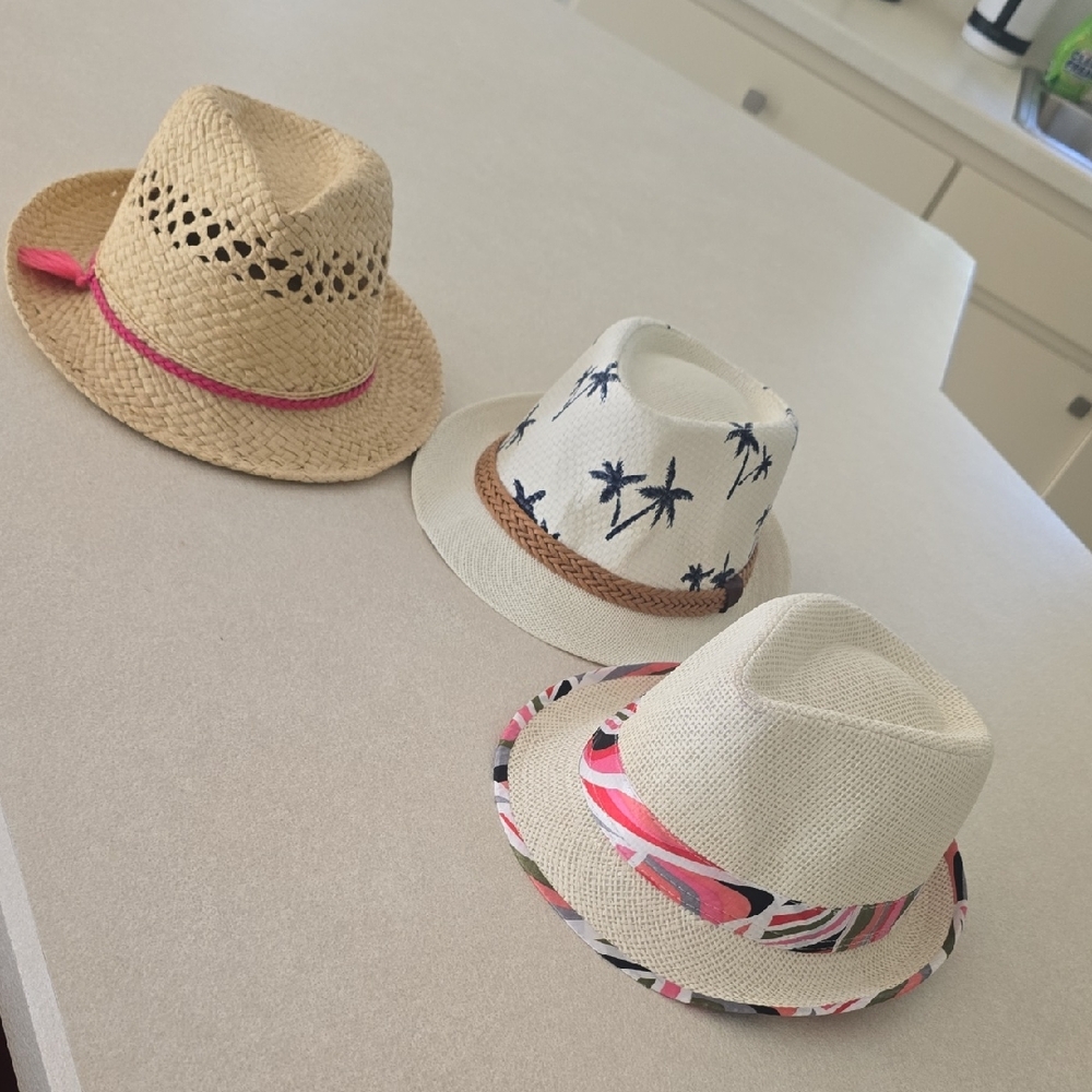 Stylish Trio of Straw Hats with Pink and Palm Designs